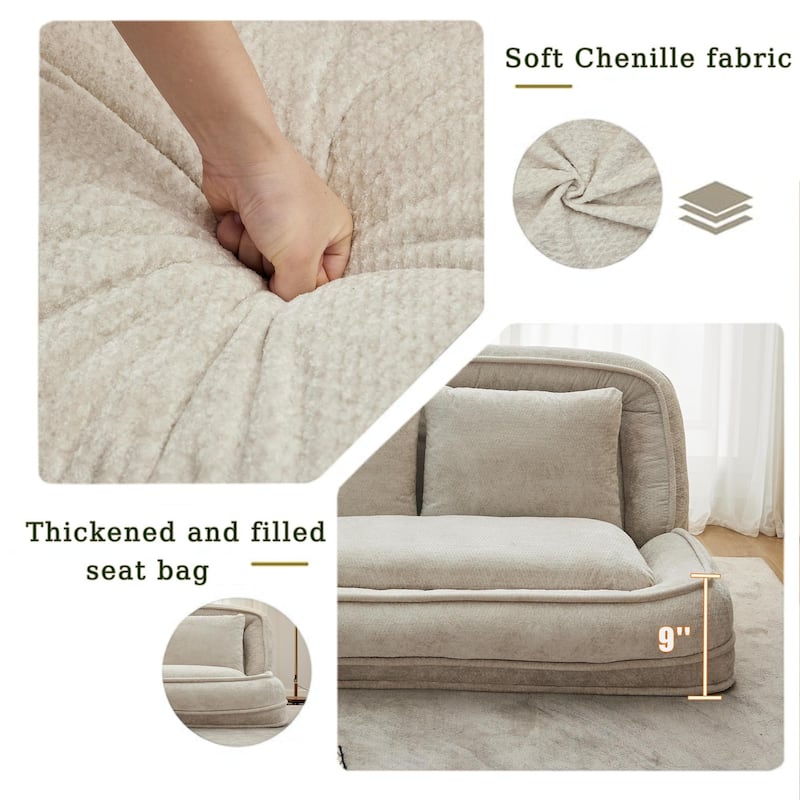 Pet Friendly Lazy Loveseat Sofa 2-in-1 Chenille Floor Couch Double Human Sleeper Bed with 5 Adjustable Position, Plump Pillows