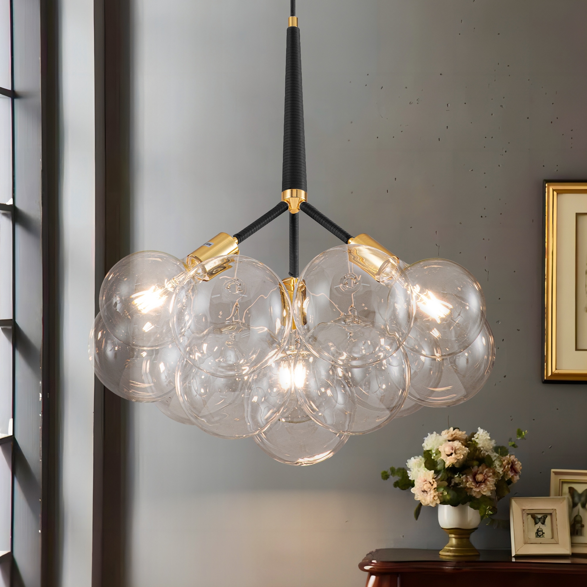 3 Light Modern Glam Sputnik Cluster Glass Globe Bubble Chandelier with 9 Clear Glass Globe Shade