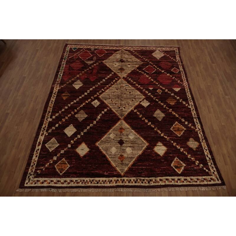 Hand Knotted Oriental 100% Wool Carpet Modern Tribal Red Moroccan Area Rug - 11' 9'' X 9' 3''