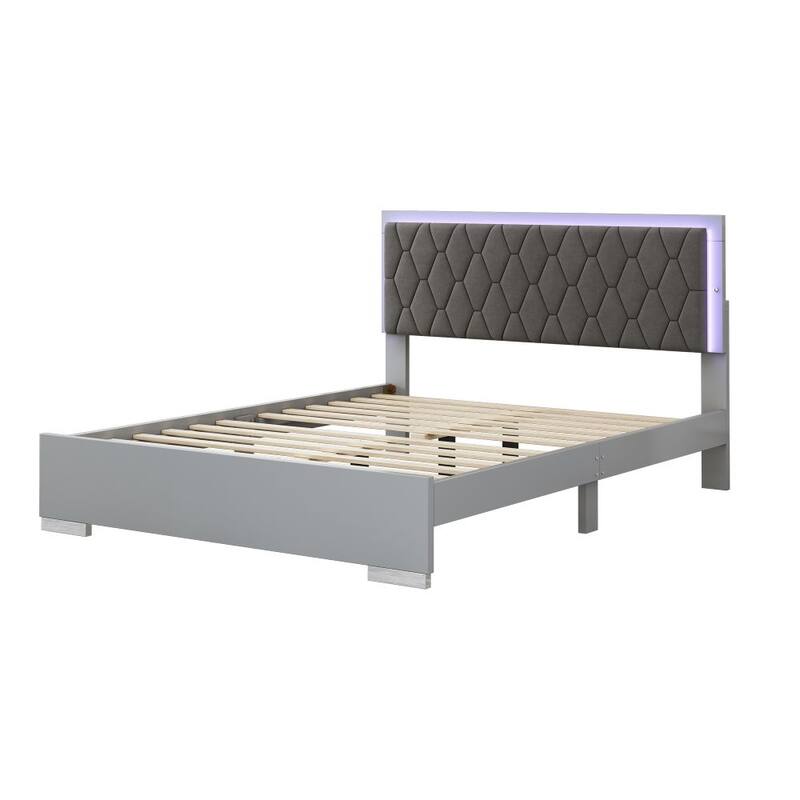 Queen Size Upholstered Bed with LED Lights,Modern Platform Bed with Velvet Headboard