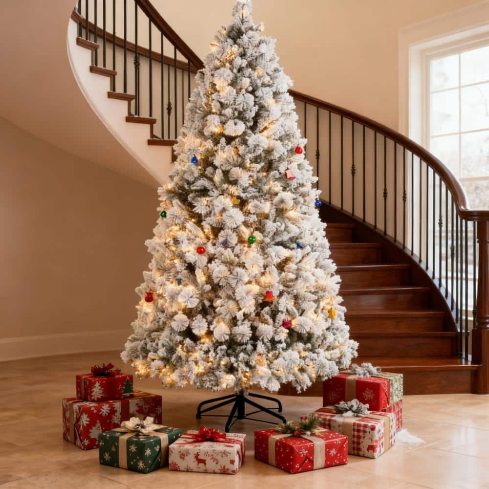 Christmas Tree,Flocked Artificial Christmas Tree with Clear Lights, Tips, Metal Stand for Home - Green