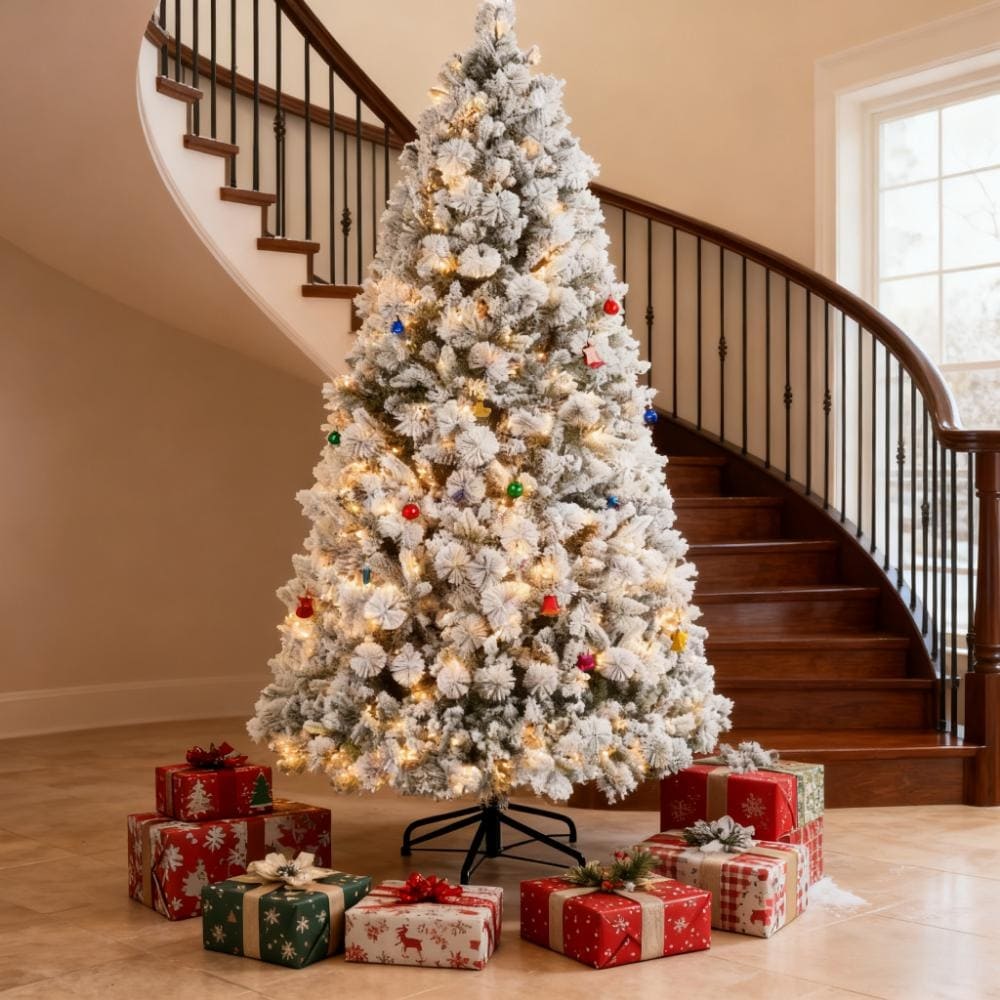 Christmas Tree,Flocked Artificial Christmas Tree with Clear Lights, Tips, Metal Stand for Home - Green