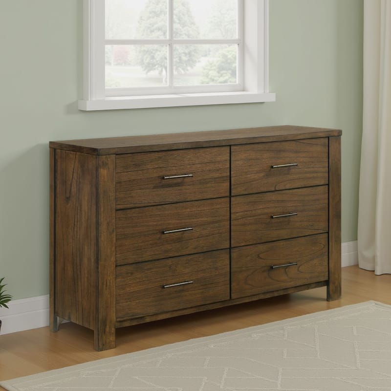 Suli 59 Inch Wide Dresser, 6 Drawers Metal Handles, Brown Mindy Veneer