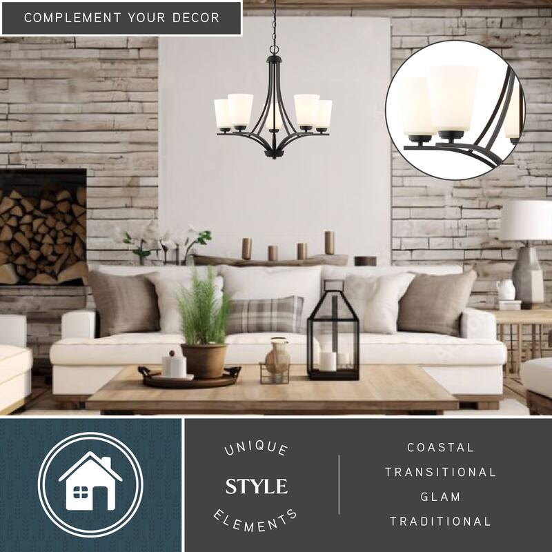 VAXCEL River Grove 5-Light Matte Black Chandelier, Frosted White Glass Shades, Adjustable Height Hanging Ceiling Fixture