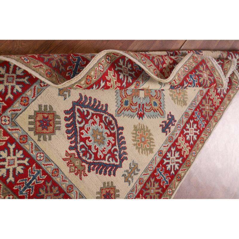 Geometric Ivory Kazak Oriental Accent Rug Hand-Knotted Wool Carpet - 3'5"x 4'11"