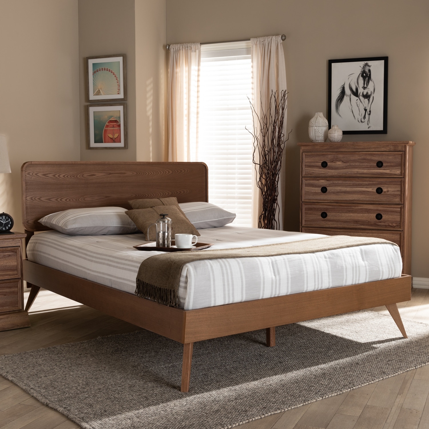 Mid-Century Modern Walnut Brown Wood Queen Platform Bed with Clean Lines for Stylish Bedrooms