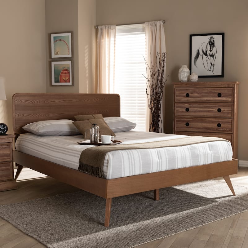 Mid-Century Modern Walnut Brown Wood Queen Platform Bed with Clean Lines for Stylish Bedrooms