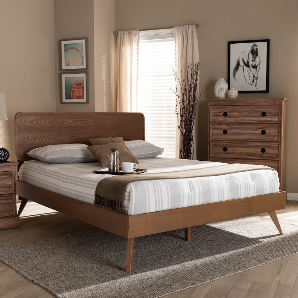 Mid-Century Modern Walnut Brown Wood Queen Platform Bed with Clean Lines for Stylish Bedrooms