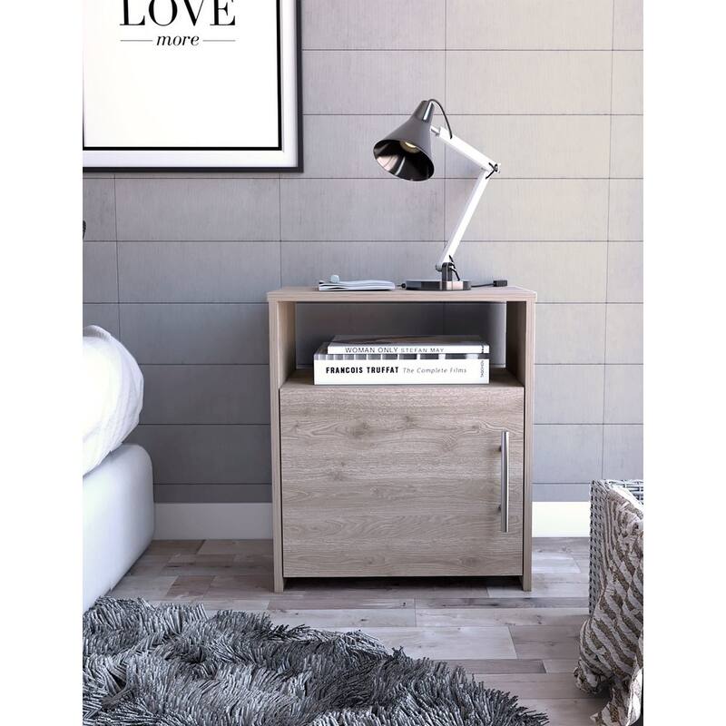 Nordico Nightstand, One Shelf, Single Door Cabinet, Metal Handle -Light Gray - Black