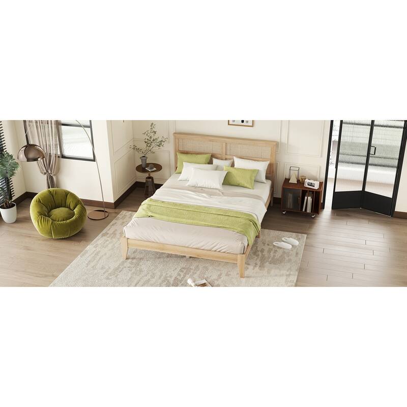 Roomfitters Queen Solid Rubber Wood Bed Frame with Rattan Headboard, Reinforced Support Feet Platform Design, White