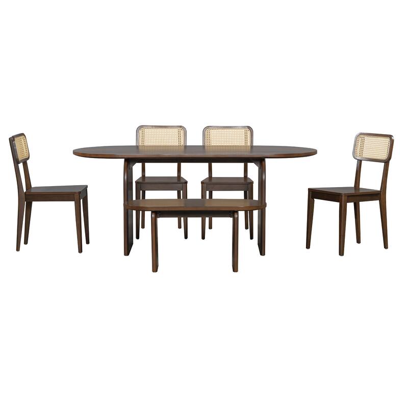 6 Piece Dining Table Set with Bench,Oval Kitchen Table Chairs Set for 6, Modern Style Dining Room Set