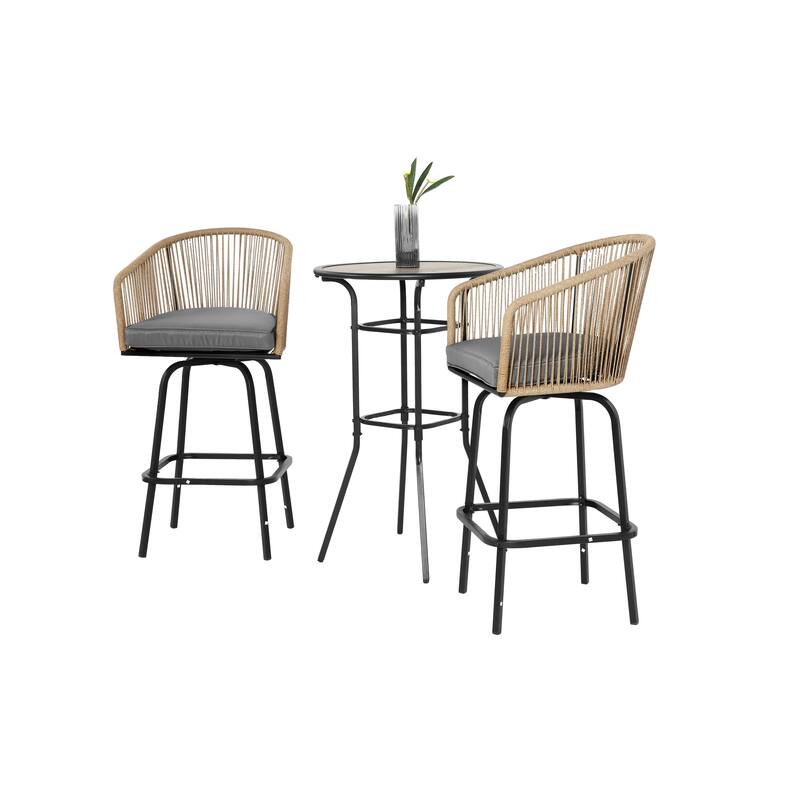 3pcs Outdoor Bar Set, Patio Bar Table and Chairs Set, Bar Height Patio Set - 2 x Swivel Bar Chairs , 1 x Round Bar Table