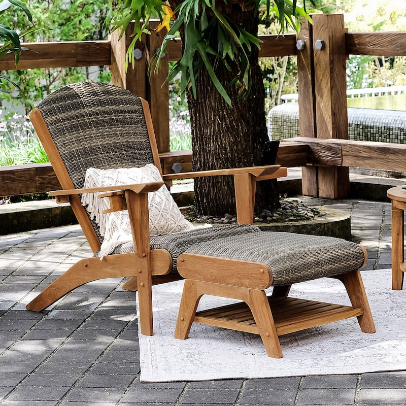 Cambridge Casual Auburn 2-piece Teak Patio Adirondack Chairs with Ottoman - Natural Teak/Gray Wicker