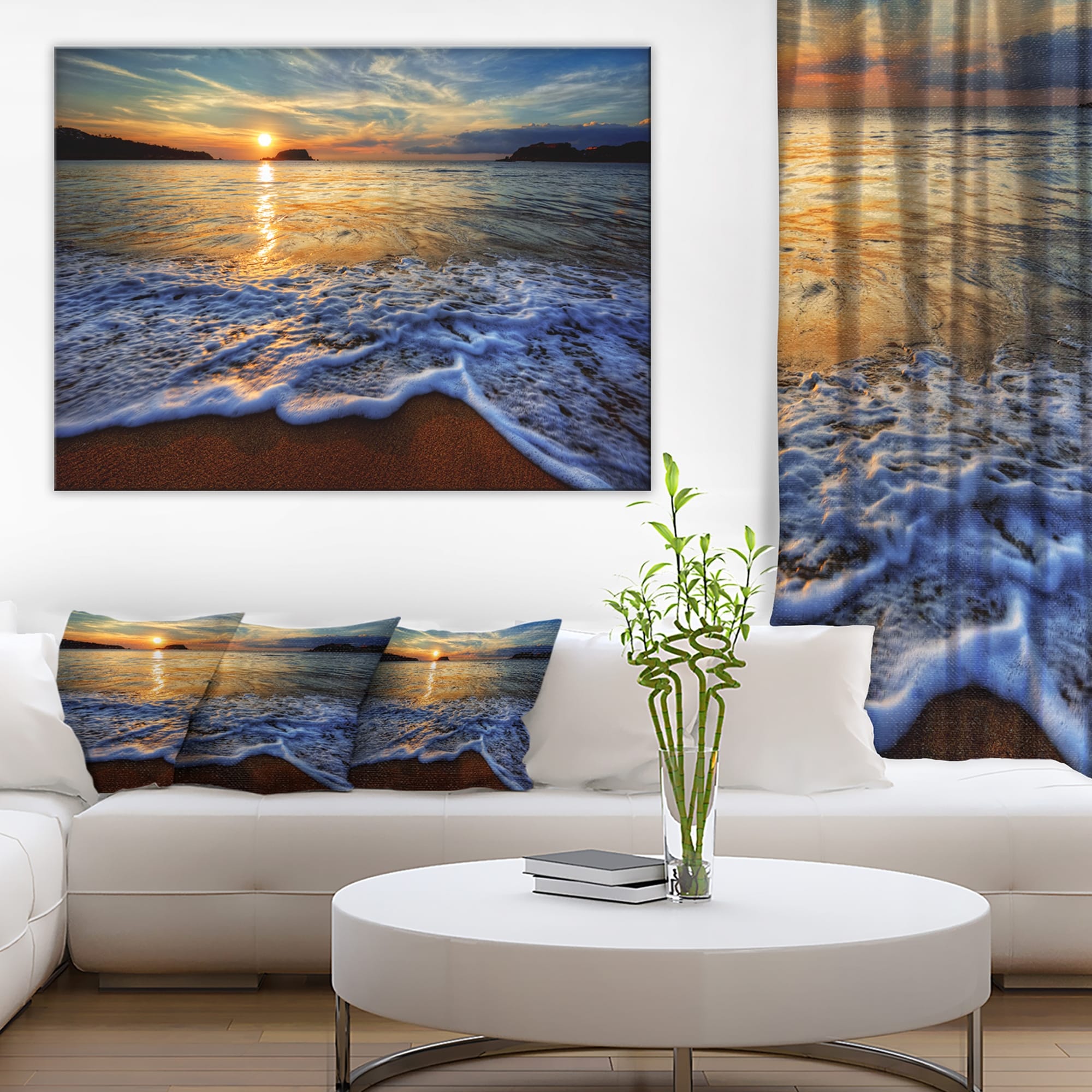 Designart Vivid Sunrise on Sandy Beach - Seascape Throw Pillow