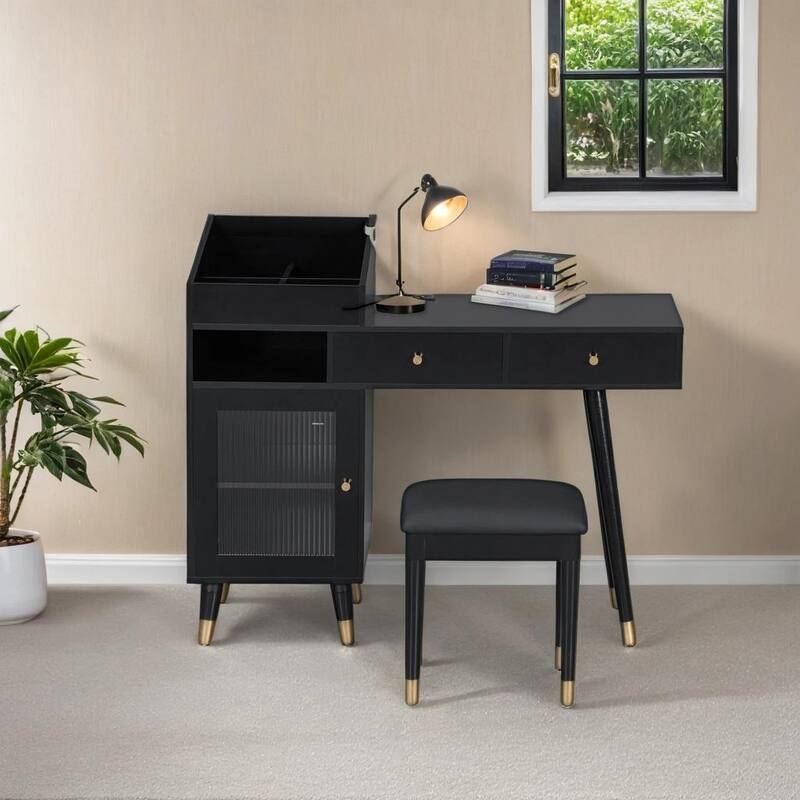 Anmytek Black and Gold Vanity Desk with Stool Makeup and Writing Desk for Bedroom