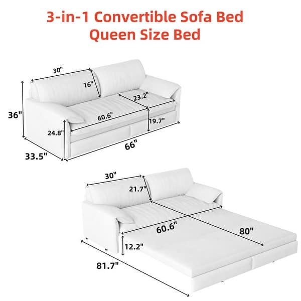 dimension image slide 1 of 3, 66" Queen Pull Out Sofa Bed, 3-in-1 Convertible Sleeper Sofa with Side Storage