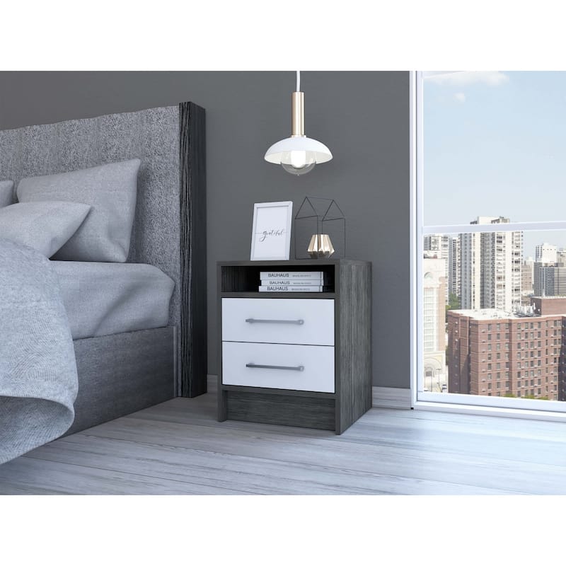 Grey 2-Drawer Wooden Nightstand with Shelf and Removable Handle Versatile Bedroom Storage Table