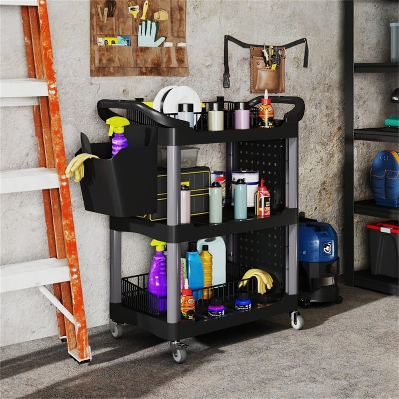 Adjustable Workshop Stool with Lumbar Support, Locking Wheels and Metal Tray and Bottle Holders