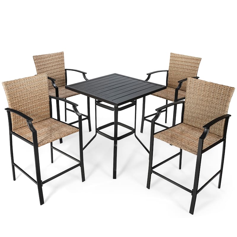 Costway 5PCS Outdoor Bistro Set Rattan Bar Stool Table Set with - See Details