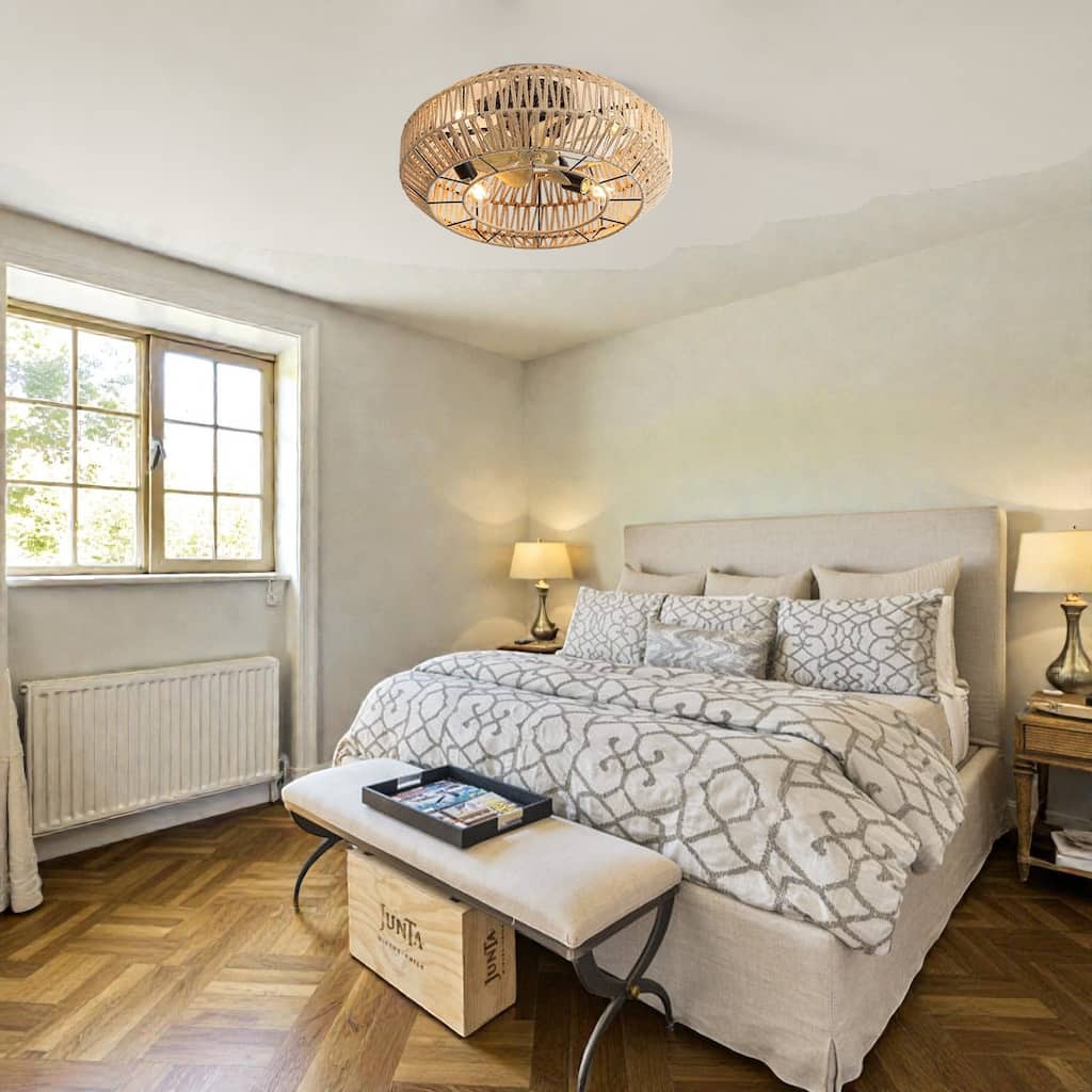 22 Inch Boho Caged Ceiling Fan with Enclosed Rattan Shade, 6-Speed Reversible DC Motor, Remote, E26 Bulb Compatible