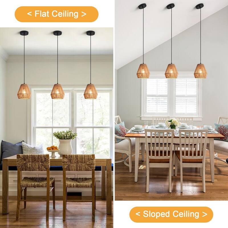 (Set of 3)1-Light Paper Rope Shaded Pendant Lights for Kitchen ，Set of Lghting Fixtures, Farmhouse Semi Flush Mount Chandelier