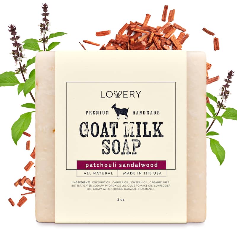 Lovery Handmade Goat Milk Soap Made in USA with Shea Butter - Patchouli Sandalwood Scent - Goats Milk Soap Bar, Single