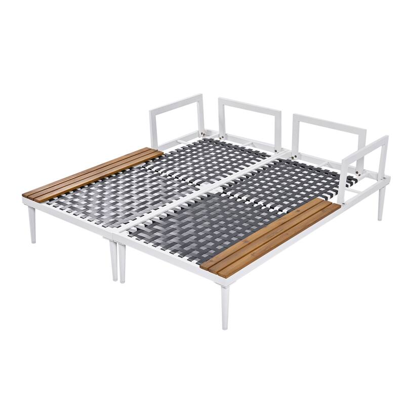 Outdoor Patio Daybed with Acacia Wood Topped Side Spaces, 2-in-1 Design, Adjustable Leg Supports, and Washable Cushions
