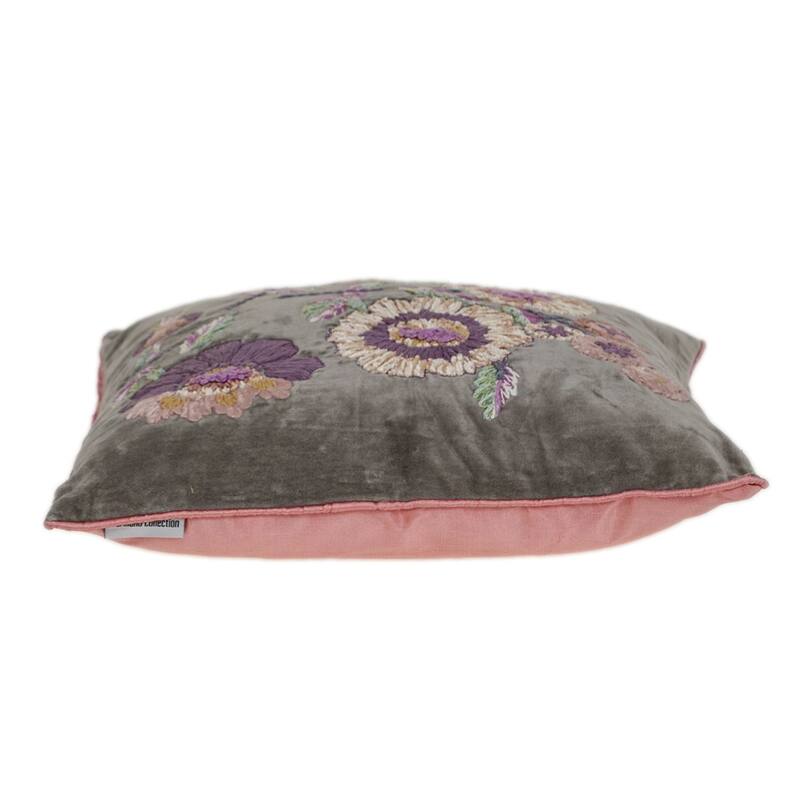 18" Beige and Pink Floral Embroidered Square Throw Pillow