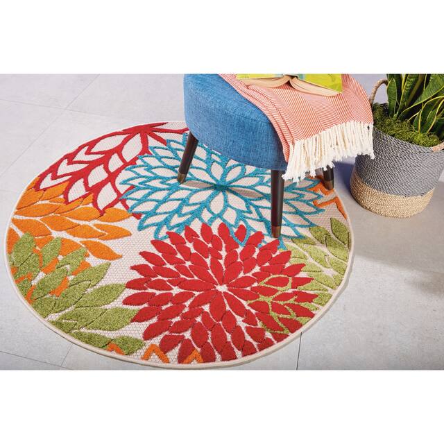 Nourison Aloha Floral Modern Indoor/Outdoor Area Rug - 5'3" Round - Red/Orange