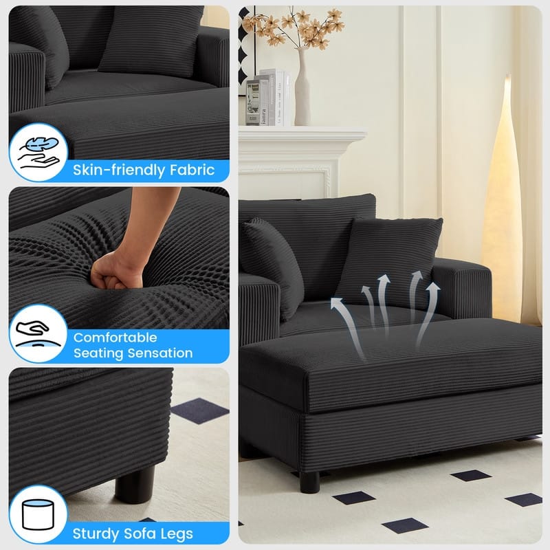 Mixoy Corduroy Chaise Lounge Deep Seat Sleeper Sofa Chair with Storage Ottoman,Upholstered 1-Seater/Loveseat Sofa Couch