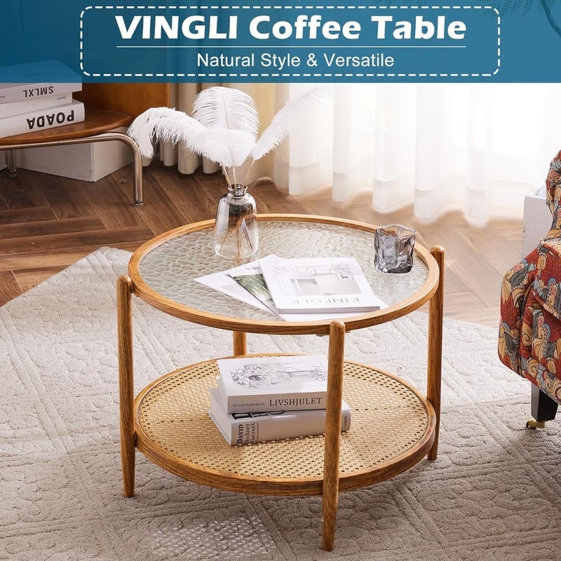 VINGLI Double-Layered Round Water Ripple Glass with Heat Transfer Wood Grain Iron Frame Coffee Table
