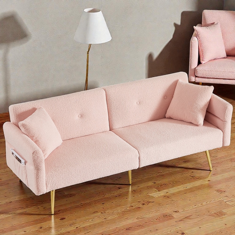 Modern Teddy Loveseat Sofa with Side Pocket, Folding Sleeper Sofa Bed with Adjustable Backrest and Golden Metal Legs