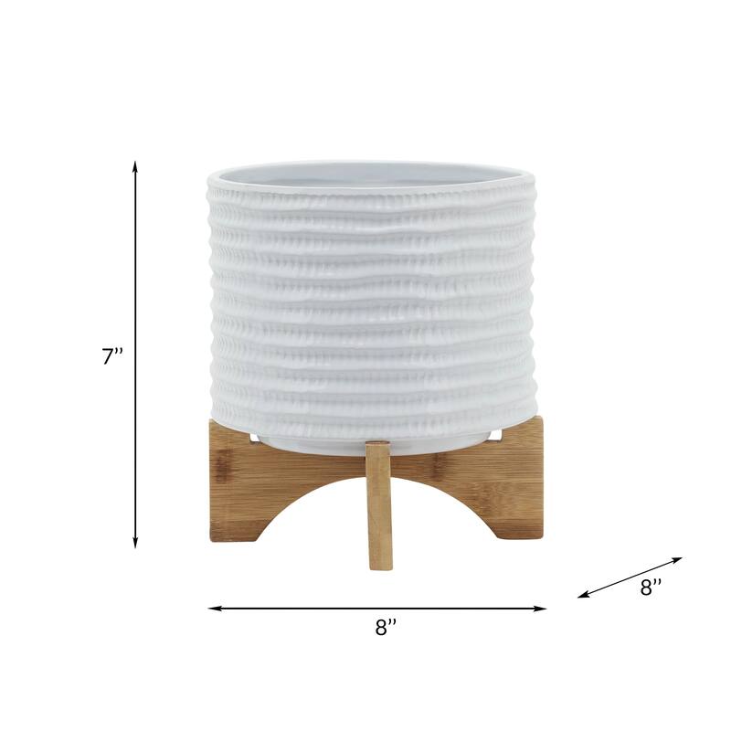 Sagebrook Home Neutral Modern Textured Ceramic Planter with Wood Stand