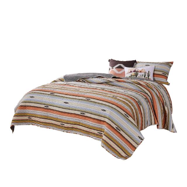Reversible 2 Piece Twin Size Quilt Set with Stripes Pattern, Multicolor