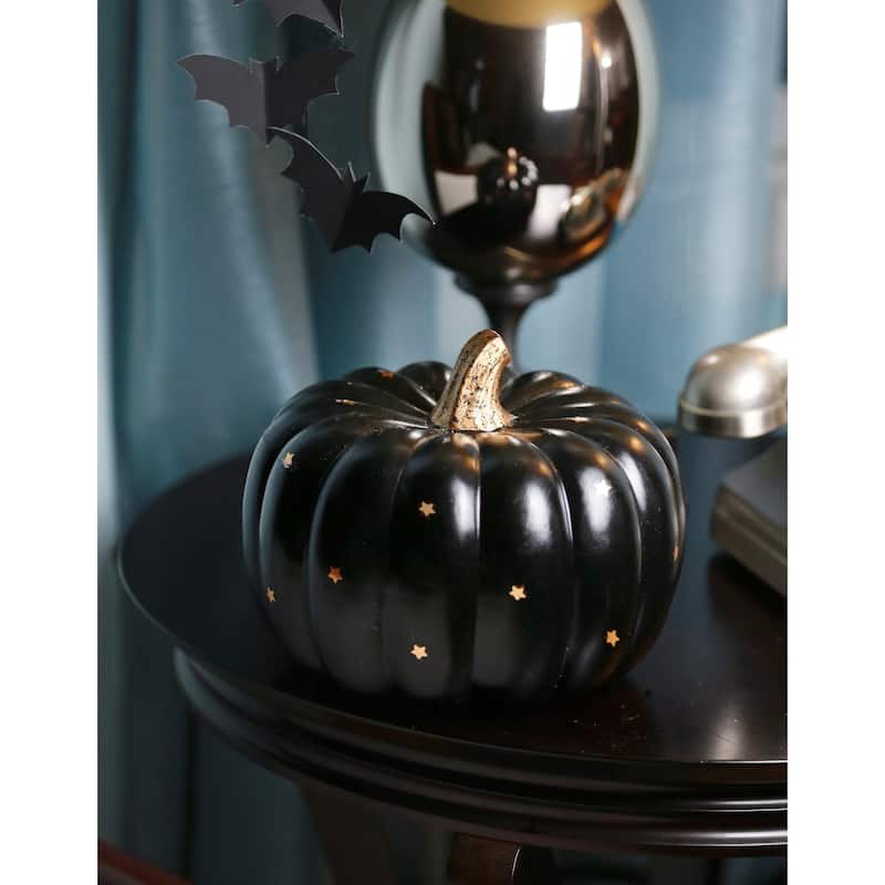 Becki Owens Halloween Pumpkin Decoration - SPOOKY ARTIFICIAL BLACK PUMPKIN with Designs - Black - Stars