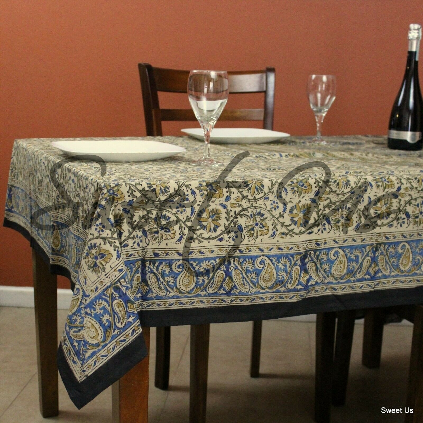 Kalamkari Cotton Block Print Floral Bless Paisley Tablecloth Rectangle