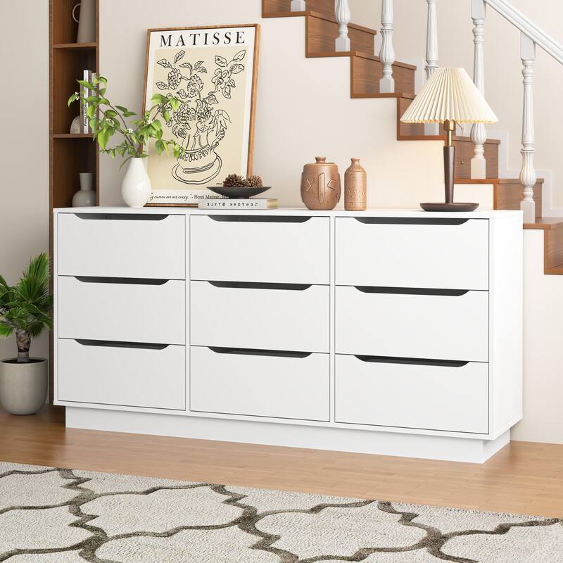 9 Drawer Dresser for Bedroom with Deep Drawers, Large Floor Wood Dressers & Chest of Drawers, Modern White Long Dressers