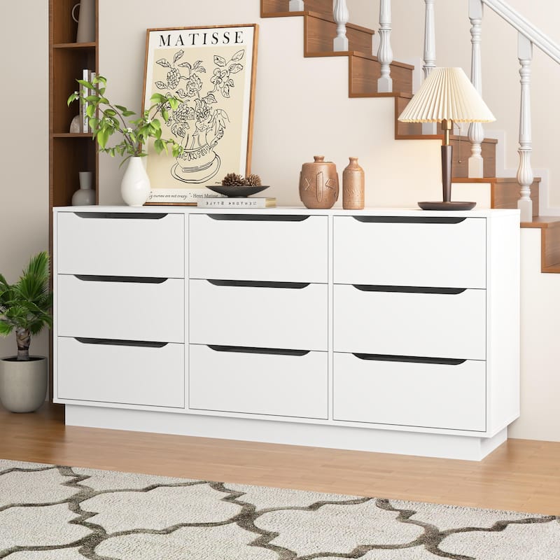 Wooden White Dresser for Bedroom, 9 Drawer/8 Drawers Double Dressers & Chest of Drawers, Large Clothing Storage Cabinet