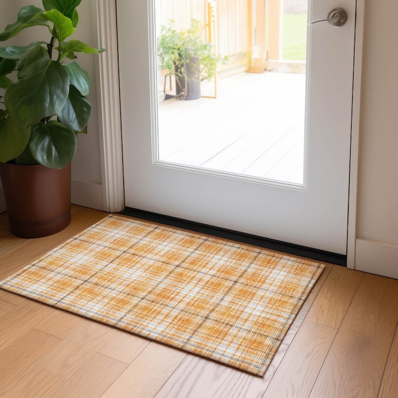 Machine Washable Indoor/ Outdoor Plaid Chantille Rug - Orange - 1'8" x 2'6"