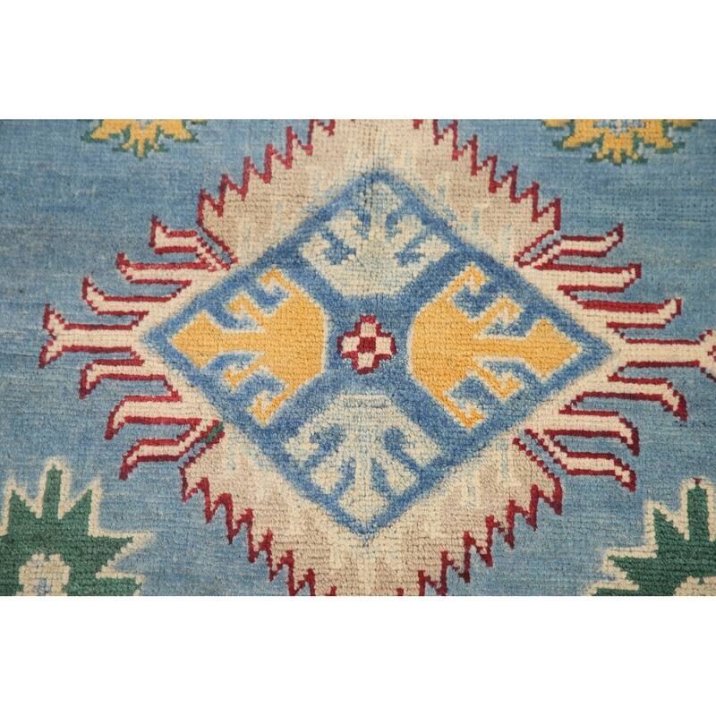 Hand Knotted Oriental 100% Wool Carpet Traditional Geometric Navy Blue & Blues Kazak Area Rug - 9' 6'' X 6' 6''