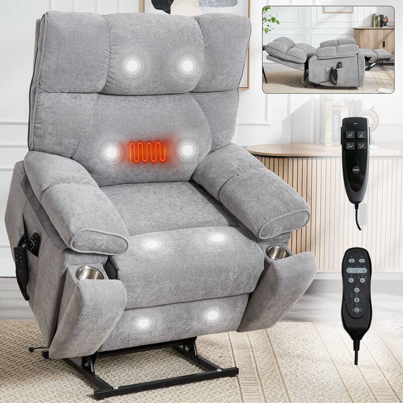 Heat Massage Dual Motor Infinite Position Large Electric Power Lift Recliners - Grey-Chenille