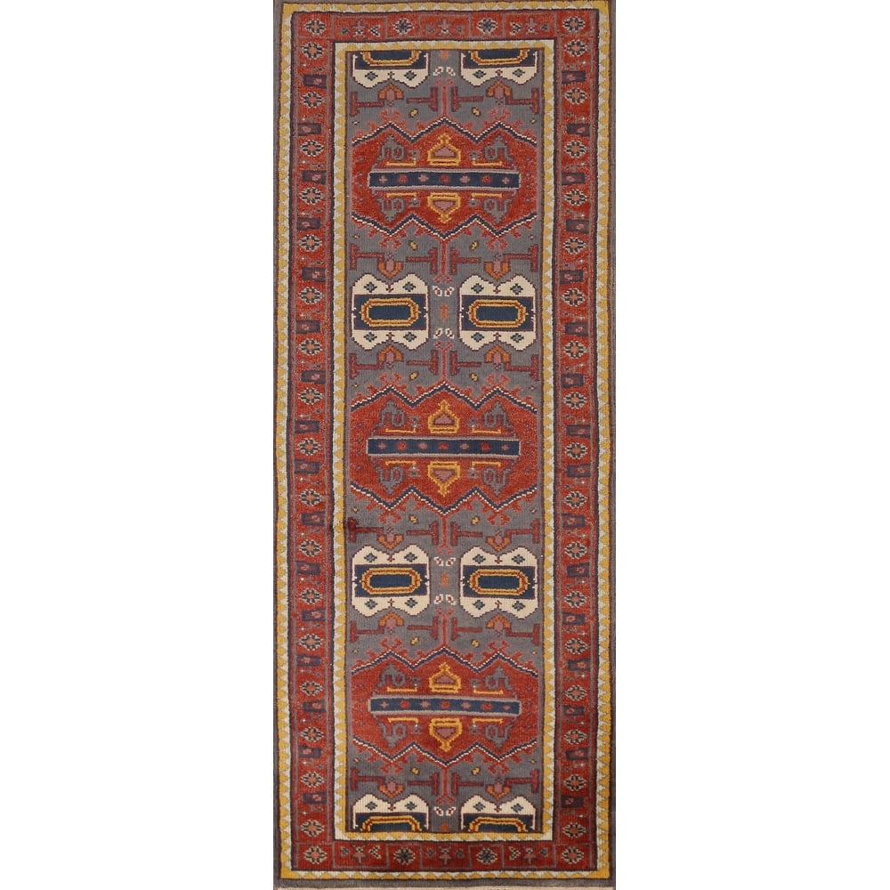 Geometric Blue Heriz Serapi Runner Rug Hand-Knotted Wool Carpet - 2'8" x 8'0"