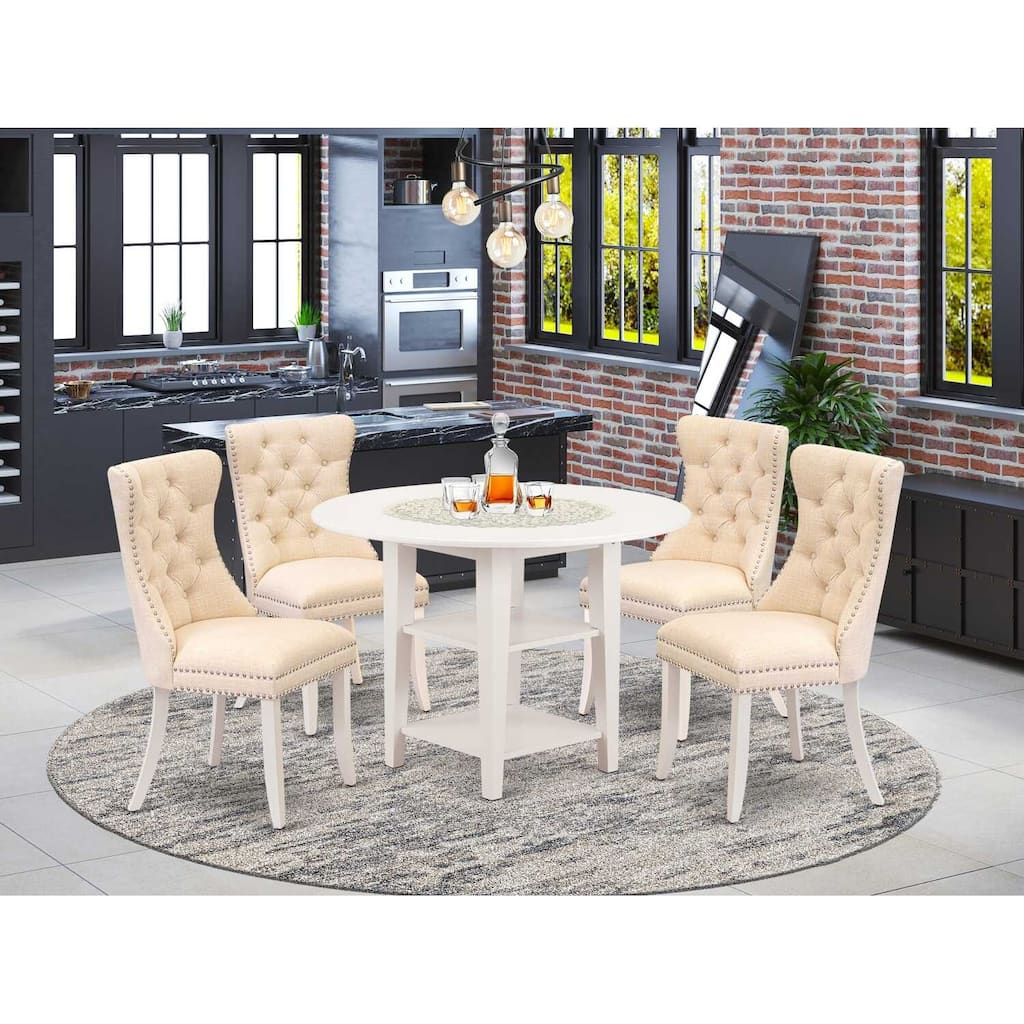 5-Piece Linen White Finish Solid Wood Top - Round Dining Room Set - Seats 4