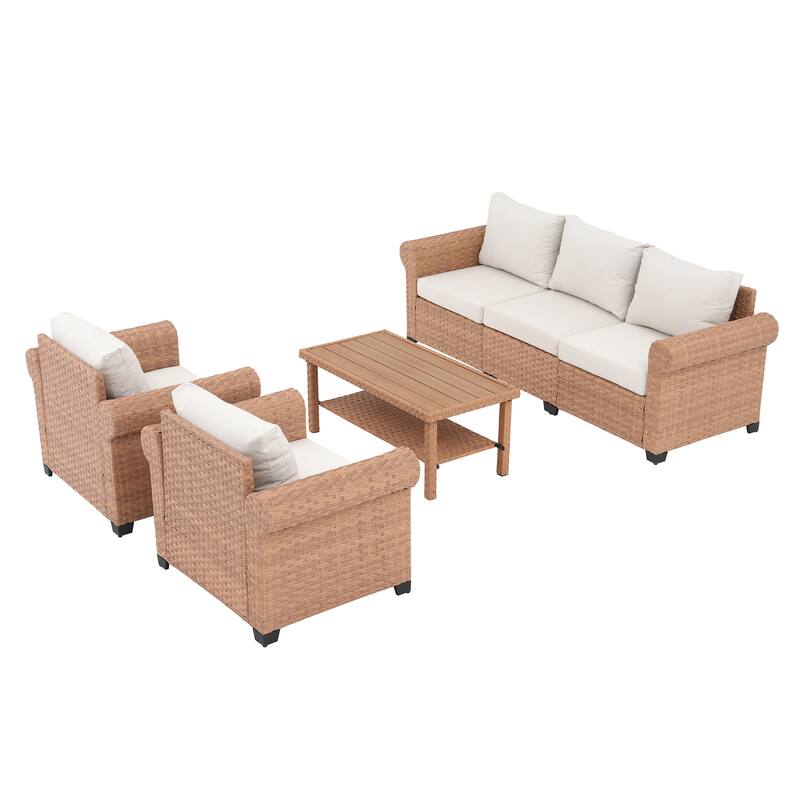 Outdoor 4-Piece Garden Patio Sofa Set, with Three-Seater Sofa