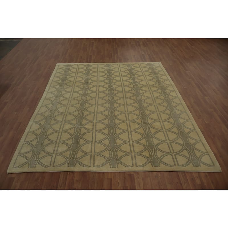 Hand Knotted Oriental 100% Wool Carpet Modern Geometric Beige & Ivories Nepalese Area Rug - 9' 8'' X 8' 2''