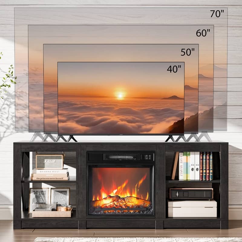 TV Stand with Optional Fireplace for TVs up to 70in Farmhouse Entertainment Center with Adjustable Shelves