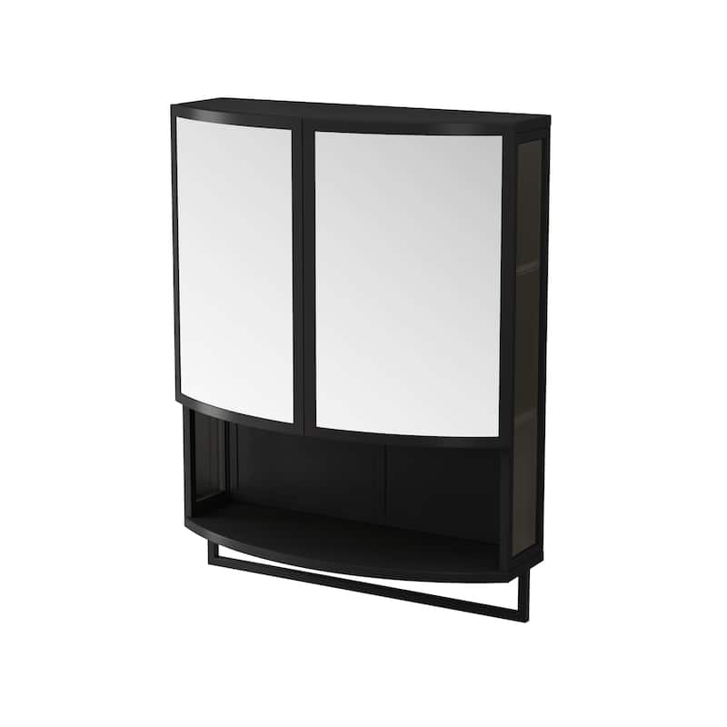 Anmytek Black 24 Inch Arched Mirror Wall Cabinet with Glass Double Doors and Towel Rack - 23.62*8.85*31.5