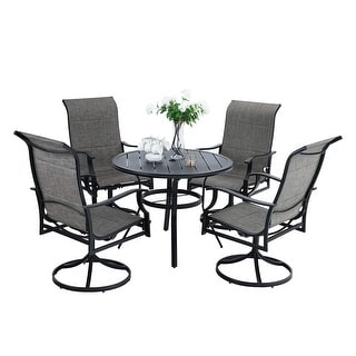 5 Pieces Patio Dining Set, Round Black Metal Table with Umbrella Hole and 4 Padded Textilene Fabric Swivel Chairs