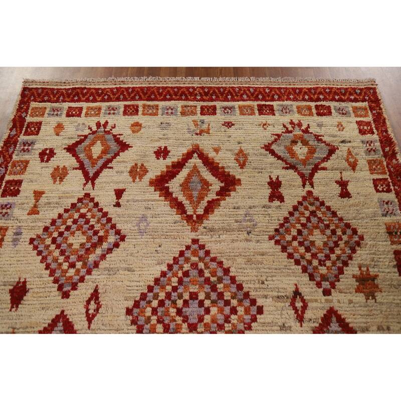 Hand Knotted Oriental 100% Wool Carpet Modern Tribal Beige & Ivories Moroccan Area Rug - 7' 10'' X 5' 9''