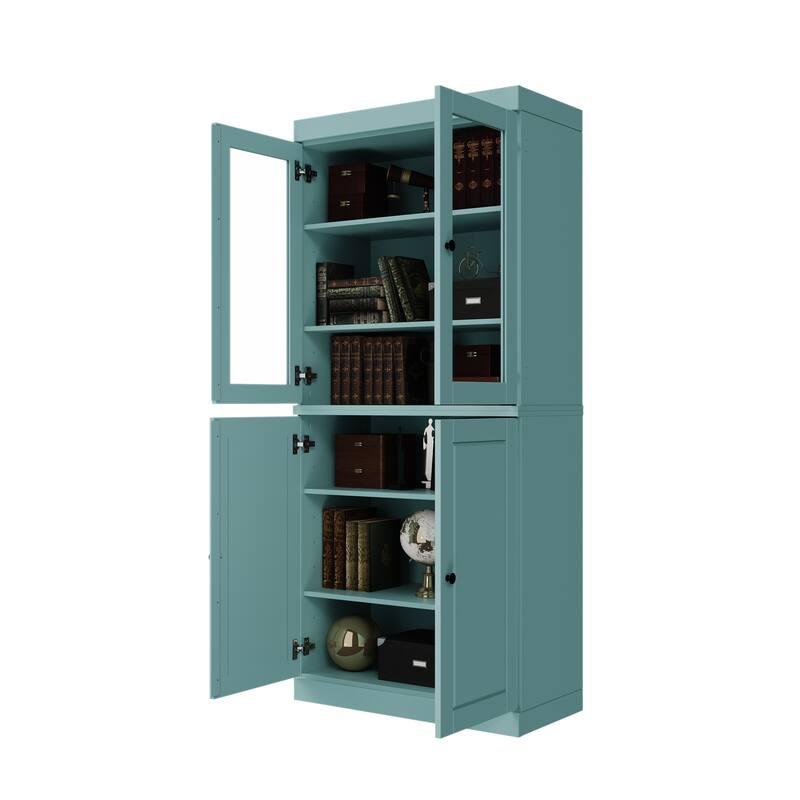 Palace Imports Solid Wood 6-Shelf Bookcase, Raised Panel Clear Glass Doors, Adjustable Shelves